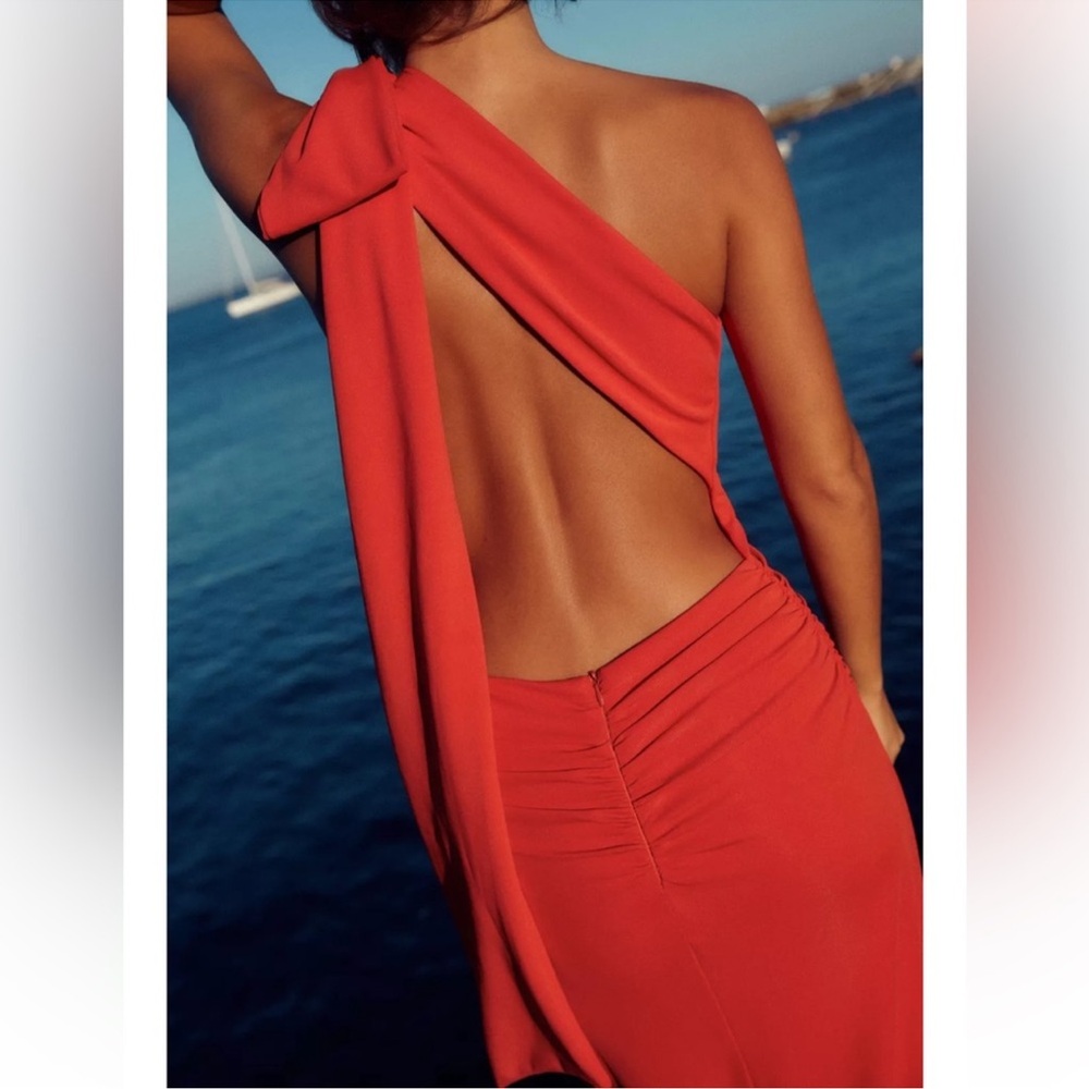 ZARA Coral Red Open Back One-Shoulder Maxi Dress. M NWT